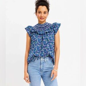 Loft Floral‎ Smocked Ruffle Yoke Top Size large Cobalt